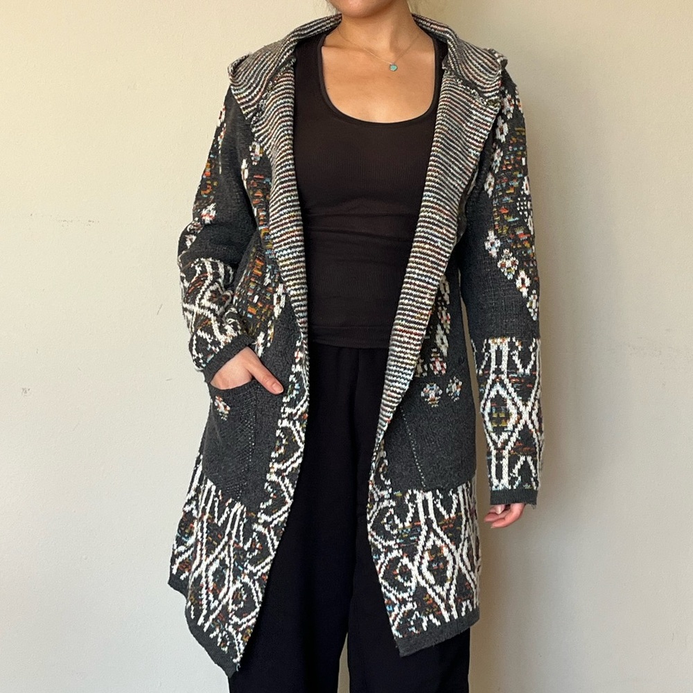 Long Patterned Hooded Cardigan Sweater